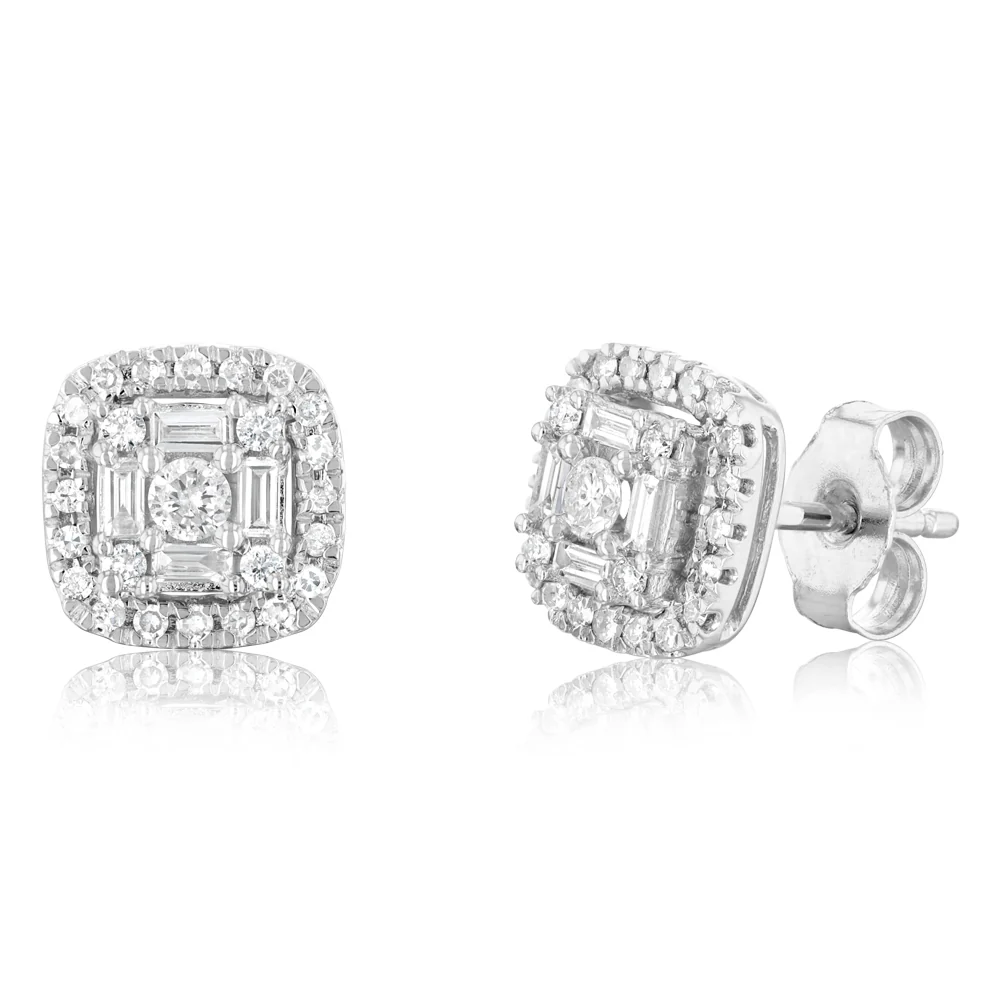 1/2 Carat Diamond Earrings with Brilliant and Baguette Diamonds in 9ct White Gold