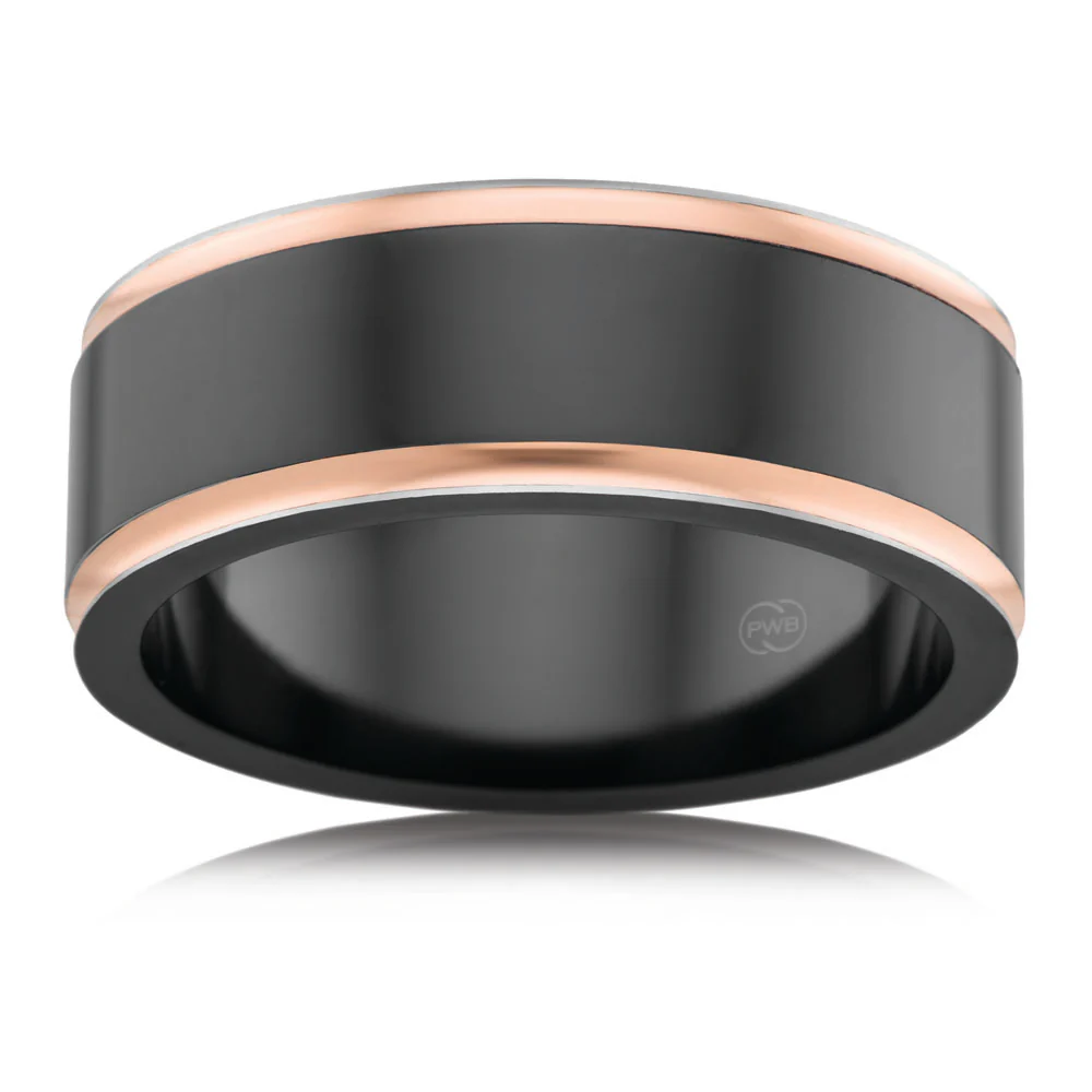 9ct Rose Gold and Zirconium 8mm Gents Ring. Sizes T/U