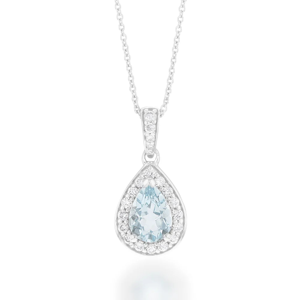 9ct White Gold 0.65ct Aquamarine and 0.15ct Diamond Pear Pendant on 45cm Chain