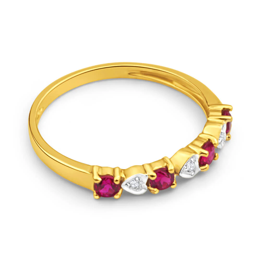 9ct Yellow Gold 4 Created Ruby + 3 Diamond Ring - Image 2