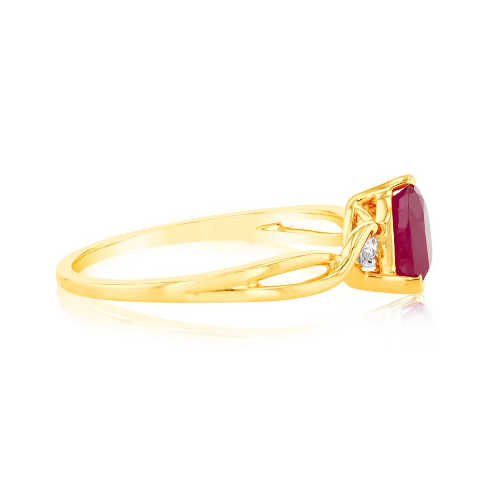 9ct Yellow Gold 7mm Created Heart Ruby And Diamond Ring - Image 2