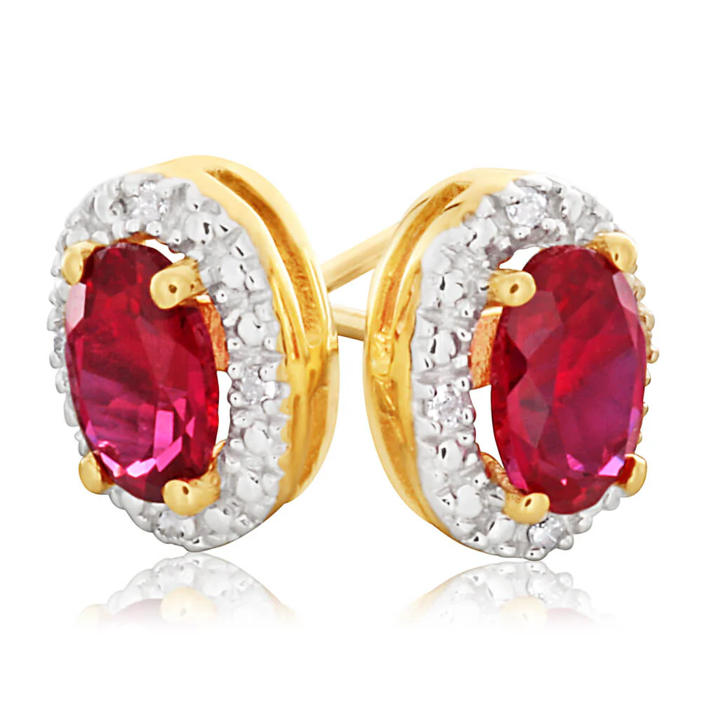 9ct Yellow Gold Created Ruby + Diamond Stud Earrings - Image 2