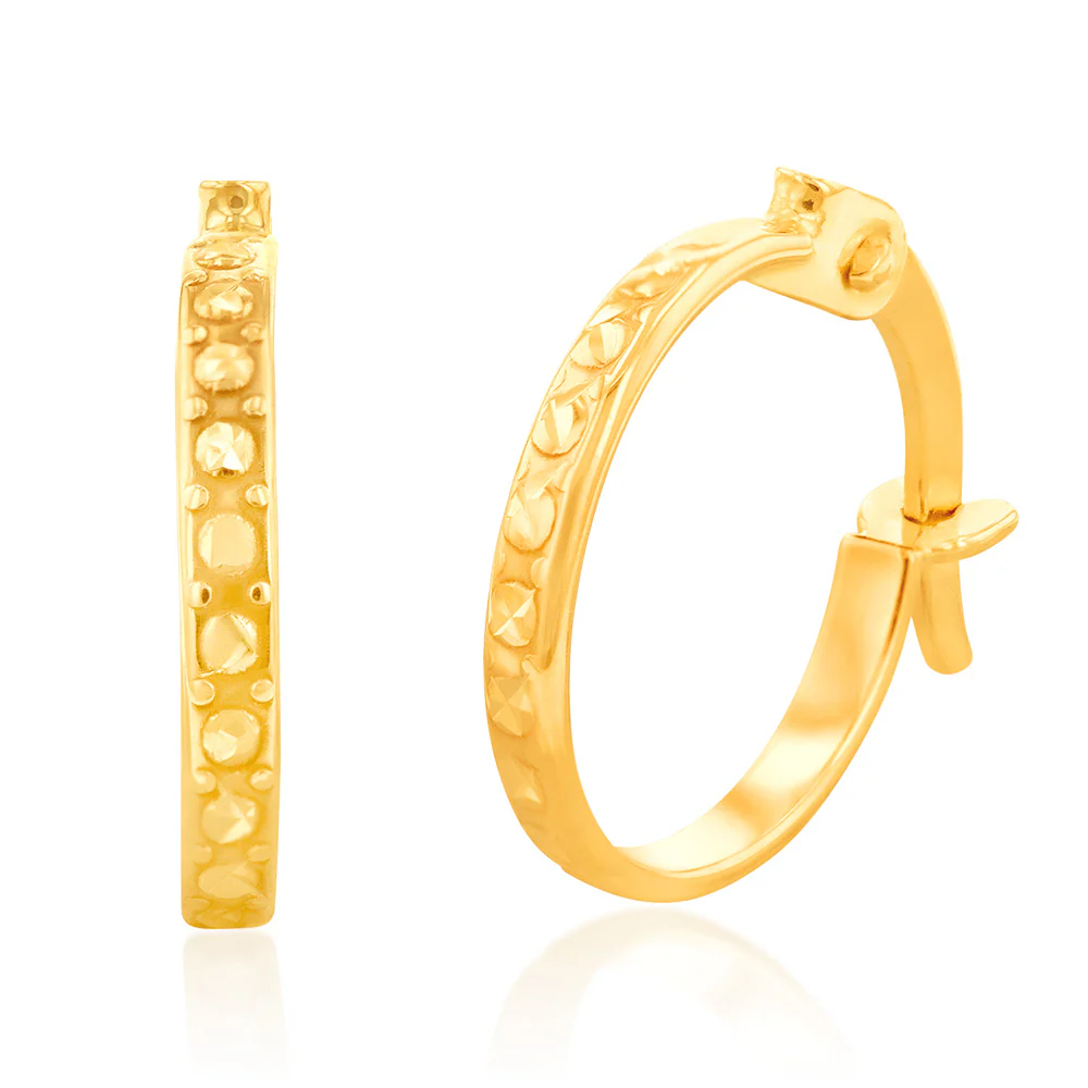 9ct Yellow Gold Double Side Diamond Cut Hoop Earrings