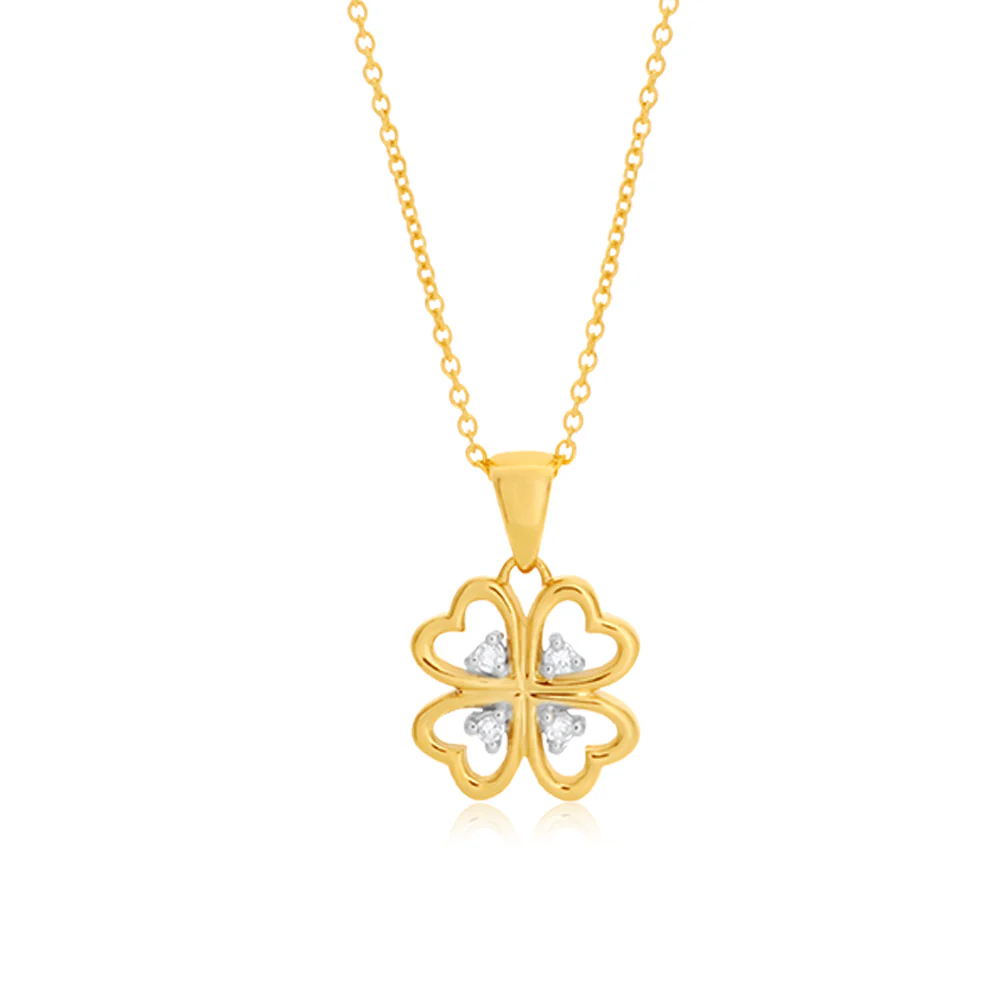 9ct Yellow Gold Luxurious 4 leaf clover Diamond Pendant With 45cm Chain