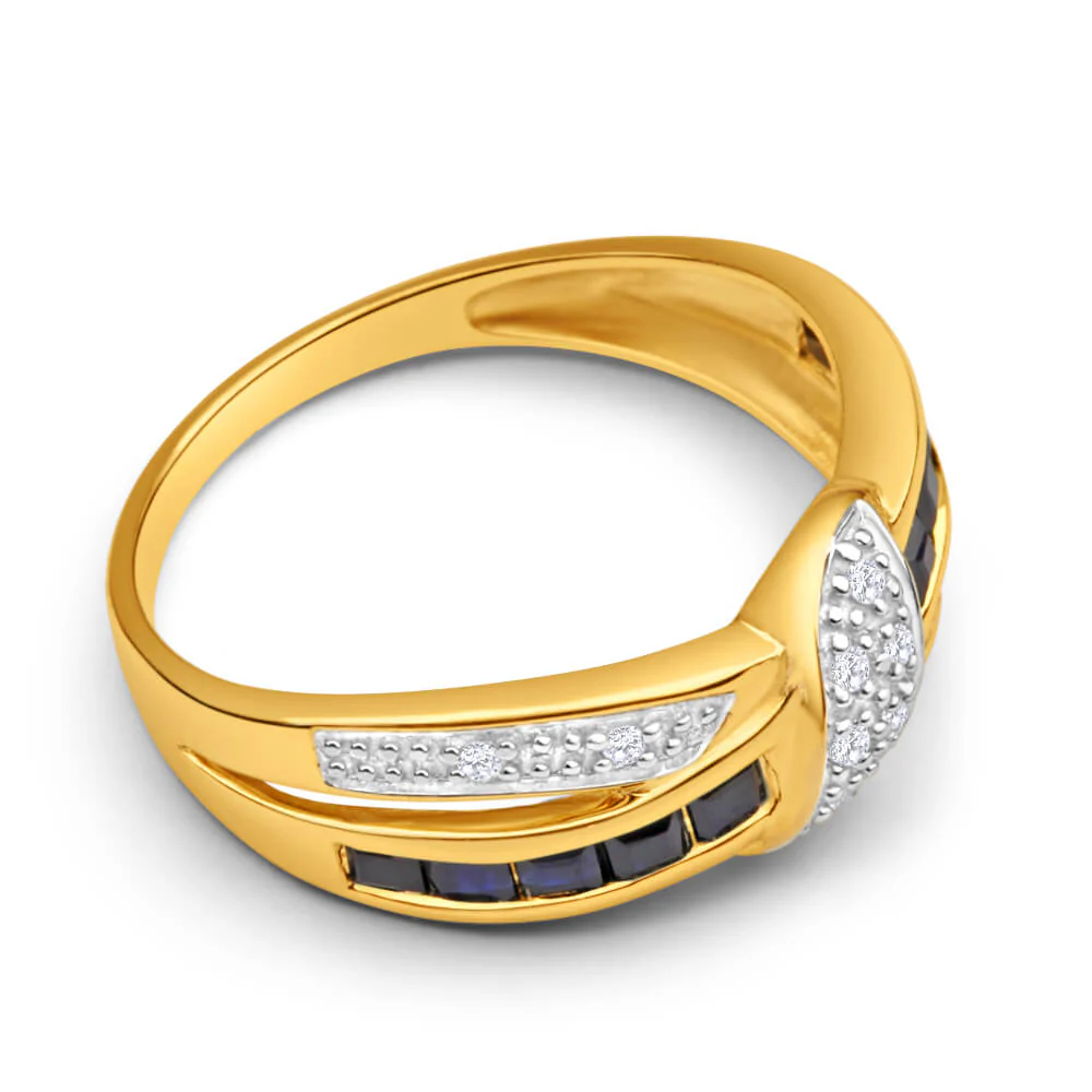 9ct Yellow Gold Natural Sapphire Diamond Crossover Ring - Image 2