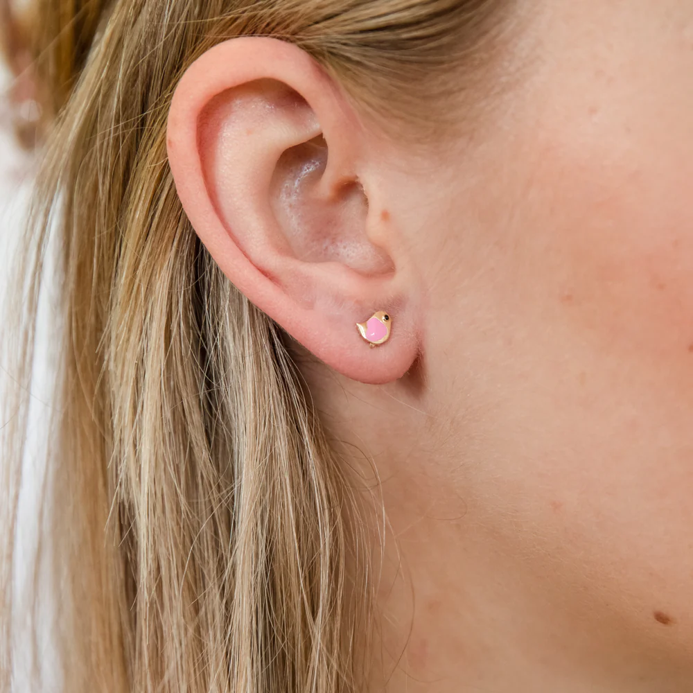 9ct Yellow Gold Pink Bird Stud Earrings - Image 2