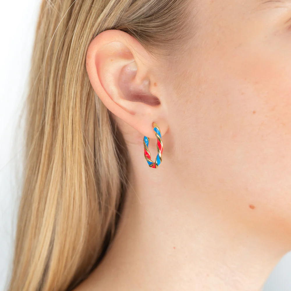 9ct Yellow Gold Silver Filled 15mm Red And Blue Enamel On Twisted Hoop Earrings - Image 2