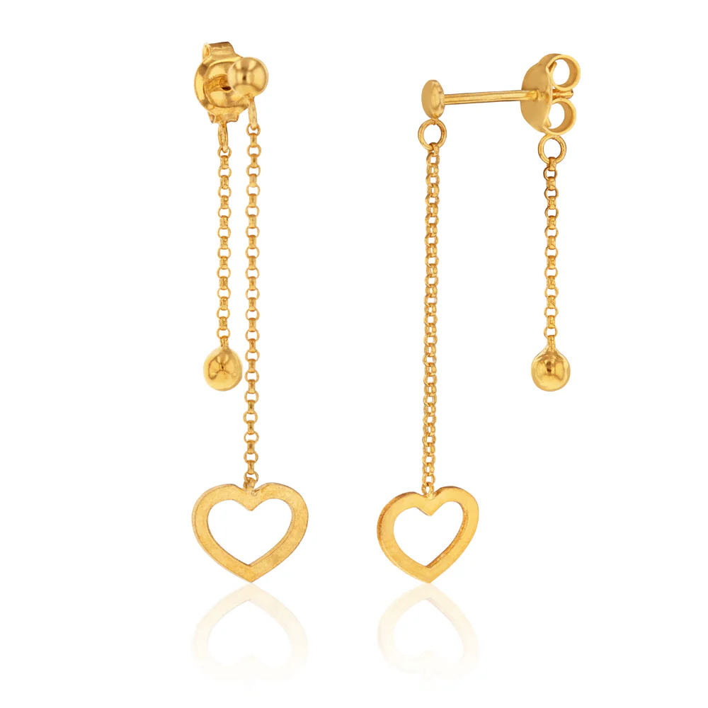 9ct Yellow Gold Silver Filled Heart with Ball Drop Earring