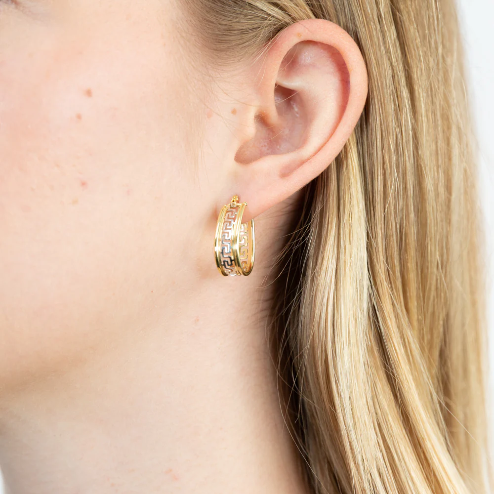 9ct Yellow Gold Silver Filled Oval Hoop Earrings with Greek Key of Life Design - Image 2