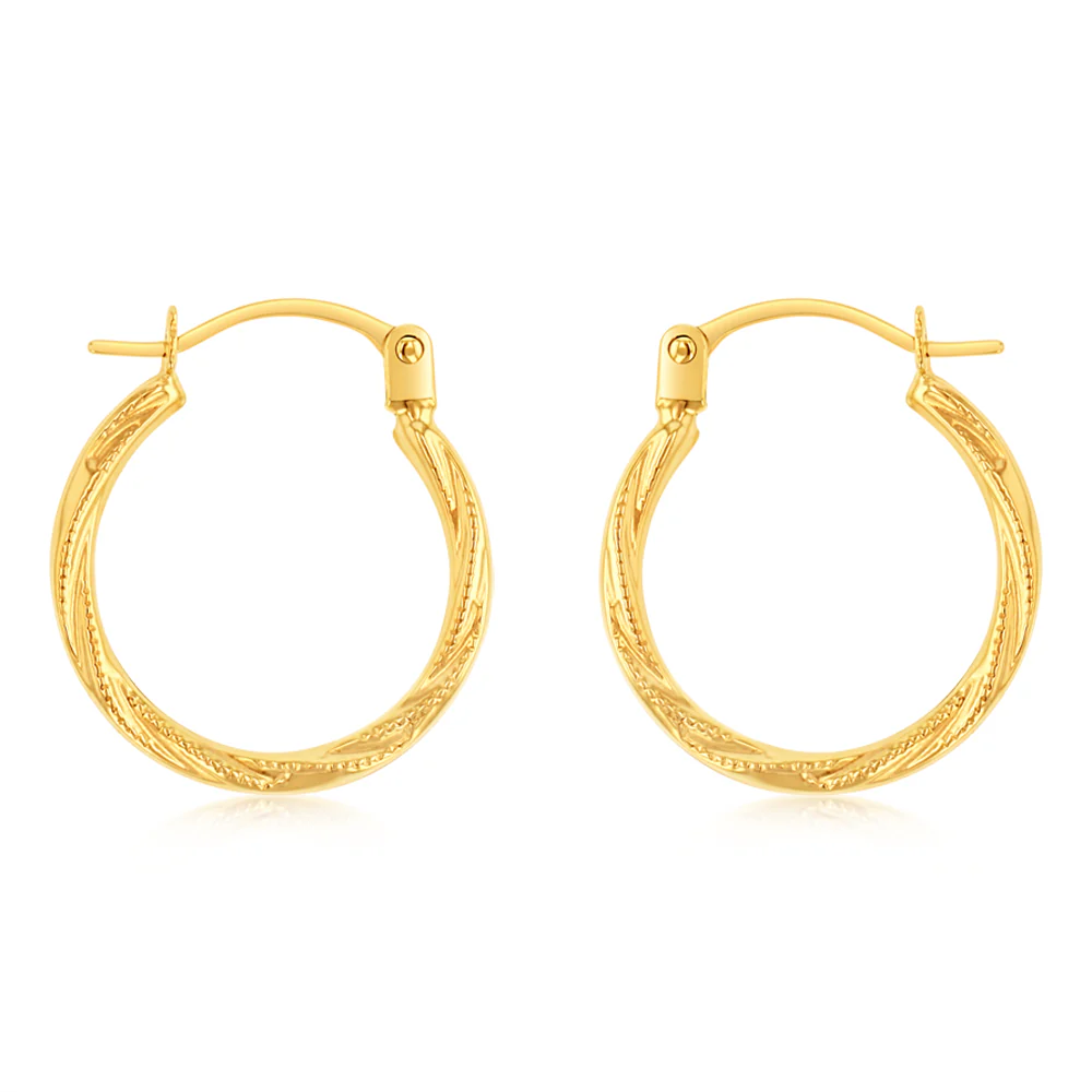 9ct Yellow Gold Textured Twisted Hoop Earrings