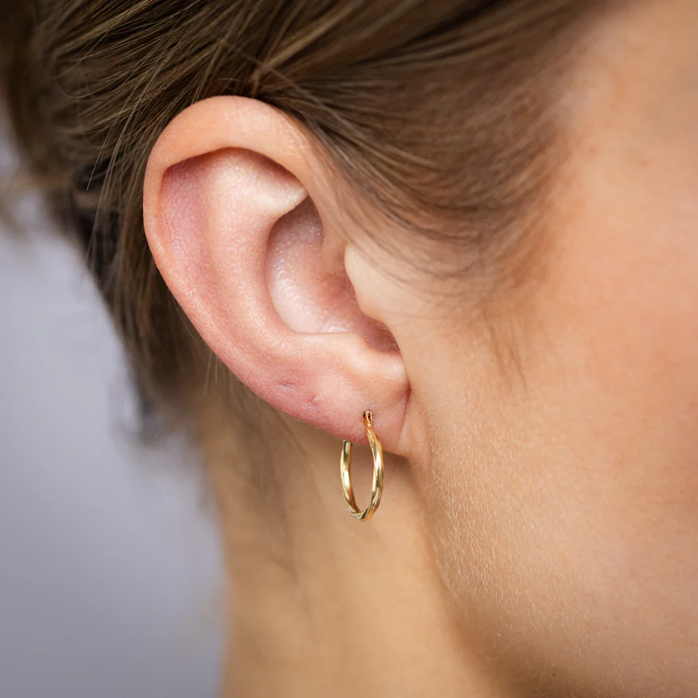 9ct Yellow Gold Textured Twisted Hoop Earrings - Image 2