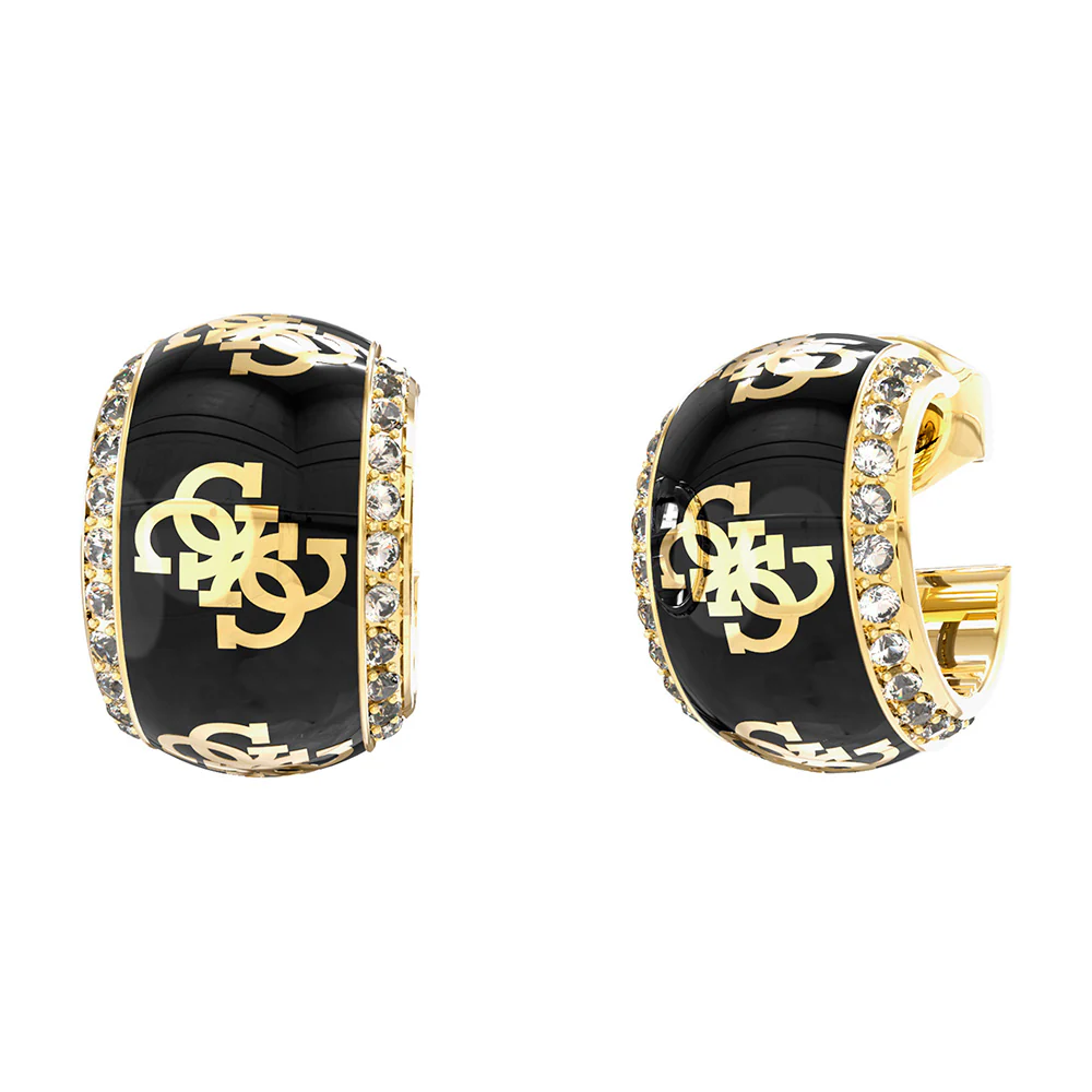 Guess Yellow Gold Plated 4G Black Bead Mini 15mm Hoop Earrings