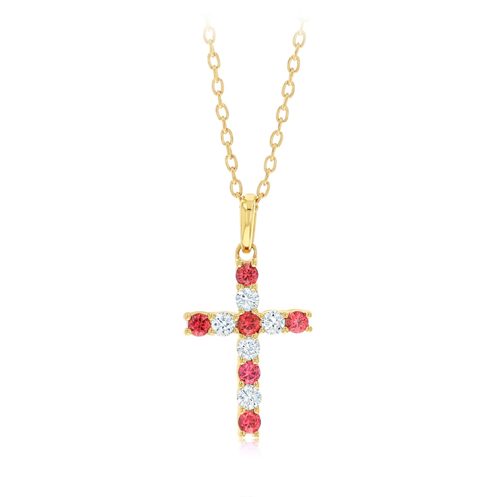 Luminesce Lab Grown 0.18 Carat Diamond and Created Ruby Cross Pendant on 45cm Chain in Gold Plated Sterling Silver