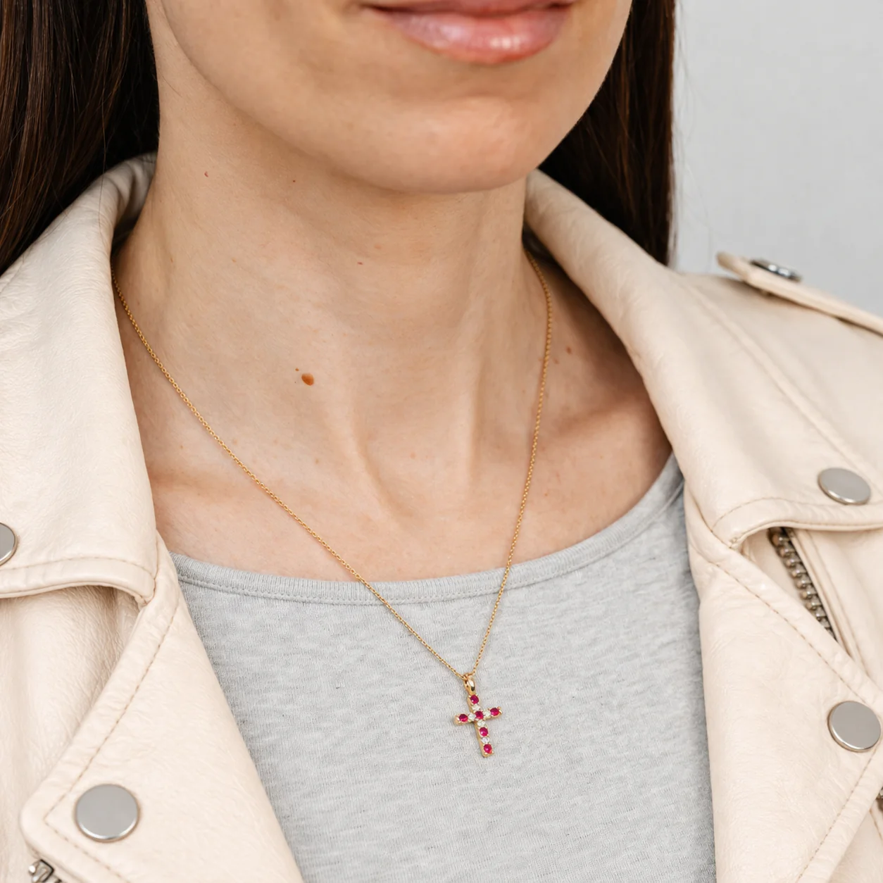 Luminesce Lab Grown 0.18 Carat Diamond and Created Ruby Cross Pendant on 45cm Chain in Gold Plated Sterling Silver - Image 2