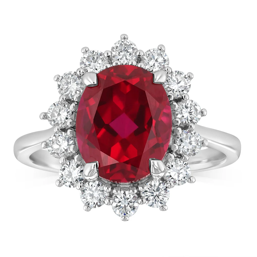Luminesce Lab Grown 3 Carats Created Ruby with 0.70 Carat Diamond Ring in Sterling Silver