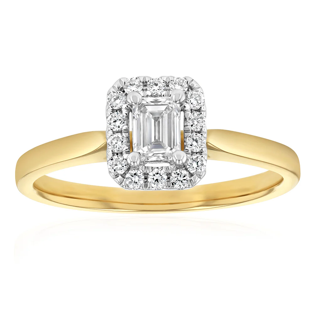 Luminesce Lab Grown 9ct yellow Gold 0.40 Carat Halo Emerald Brilliant Cut Ring