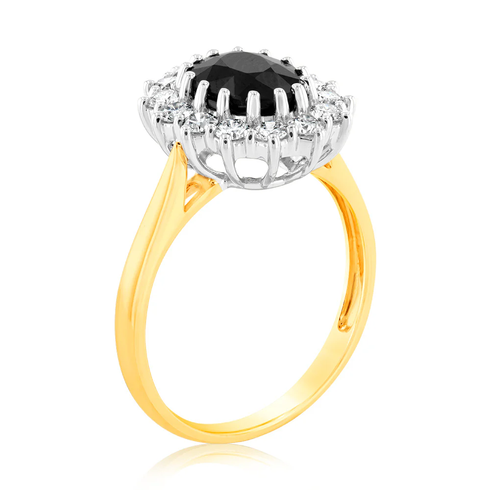Luminesce Lab Grown 9ct Yellow Gold 0.70 Carat Diamond & 2.6ct Natural Black Sapphire 9x7mm Ring - Image 3
