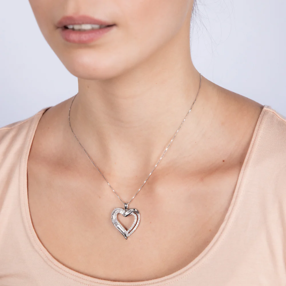 Luminesce Lab Grown Heart Pendant in 1 Carat Diamond & Baguettes with Silver Slider Chain - Image 2