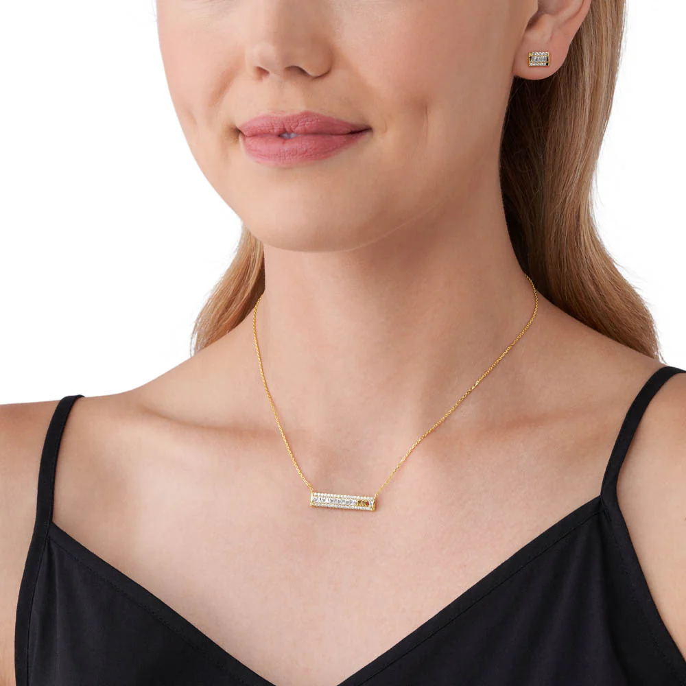 Michael Kors 14ct Yellow Gold Plated Sterling Silver Tapered Baguette Bar Earring & Pendant Chain Set - Image 5