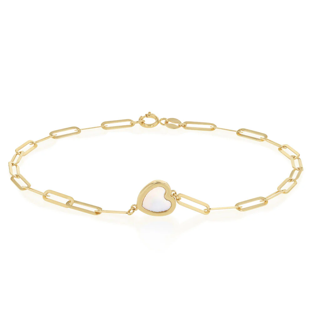 Mother of Pearl Heart Paperclip Bracelet in 9ct Yellow Gold