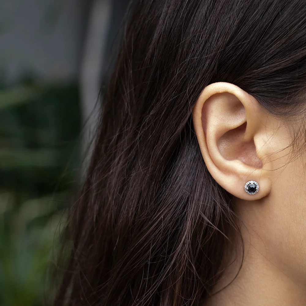 Natural Sapphire 8 Diamonds Stud Earrings in Sterling Silver - Image 2