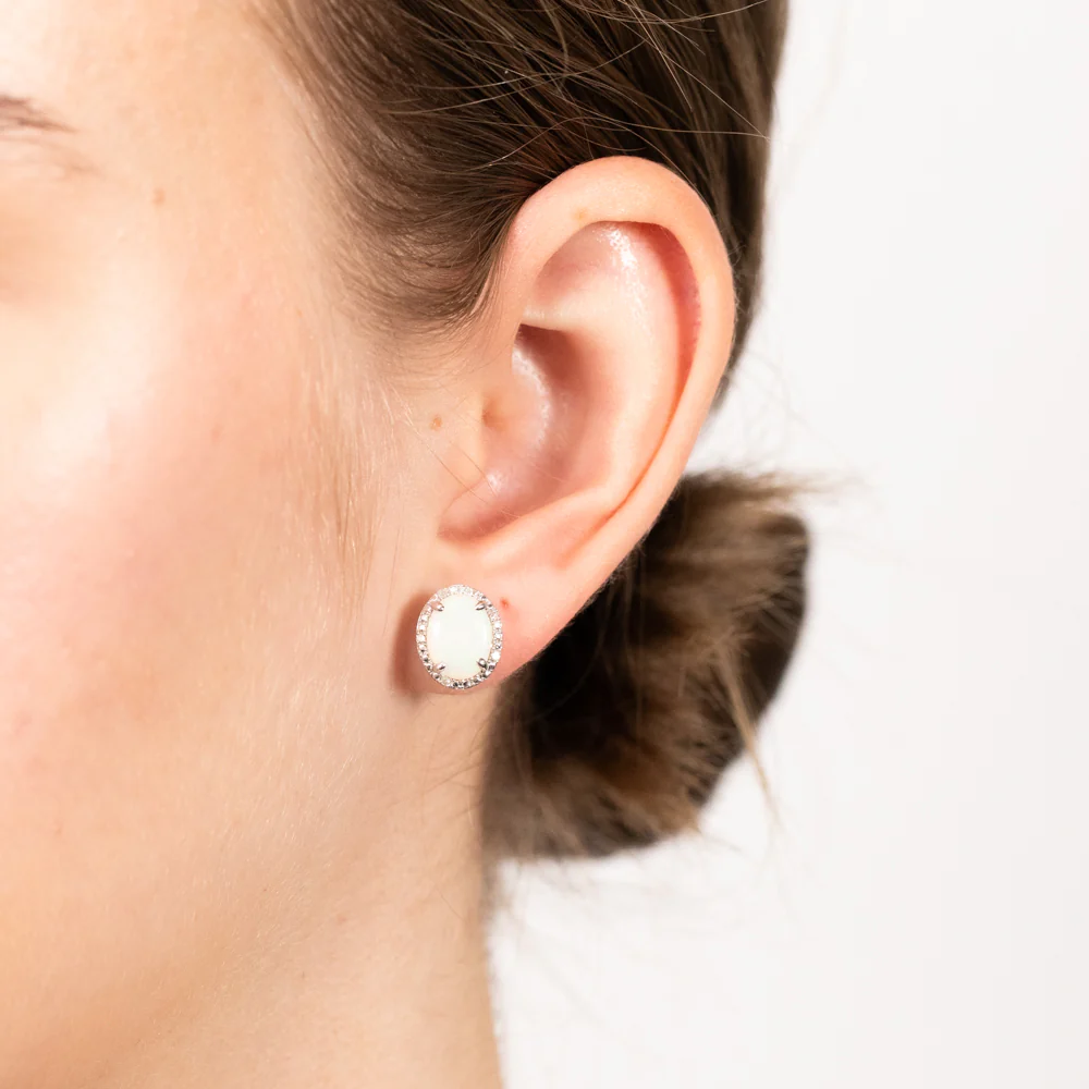 Opal & 5 Points Diamond Stud Earrings in Sterling Silver - Image 2