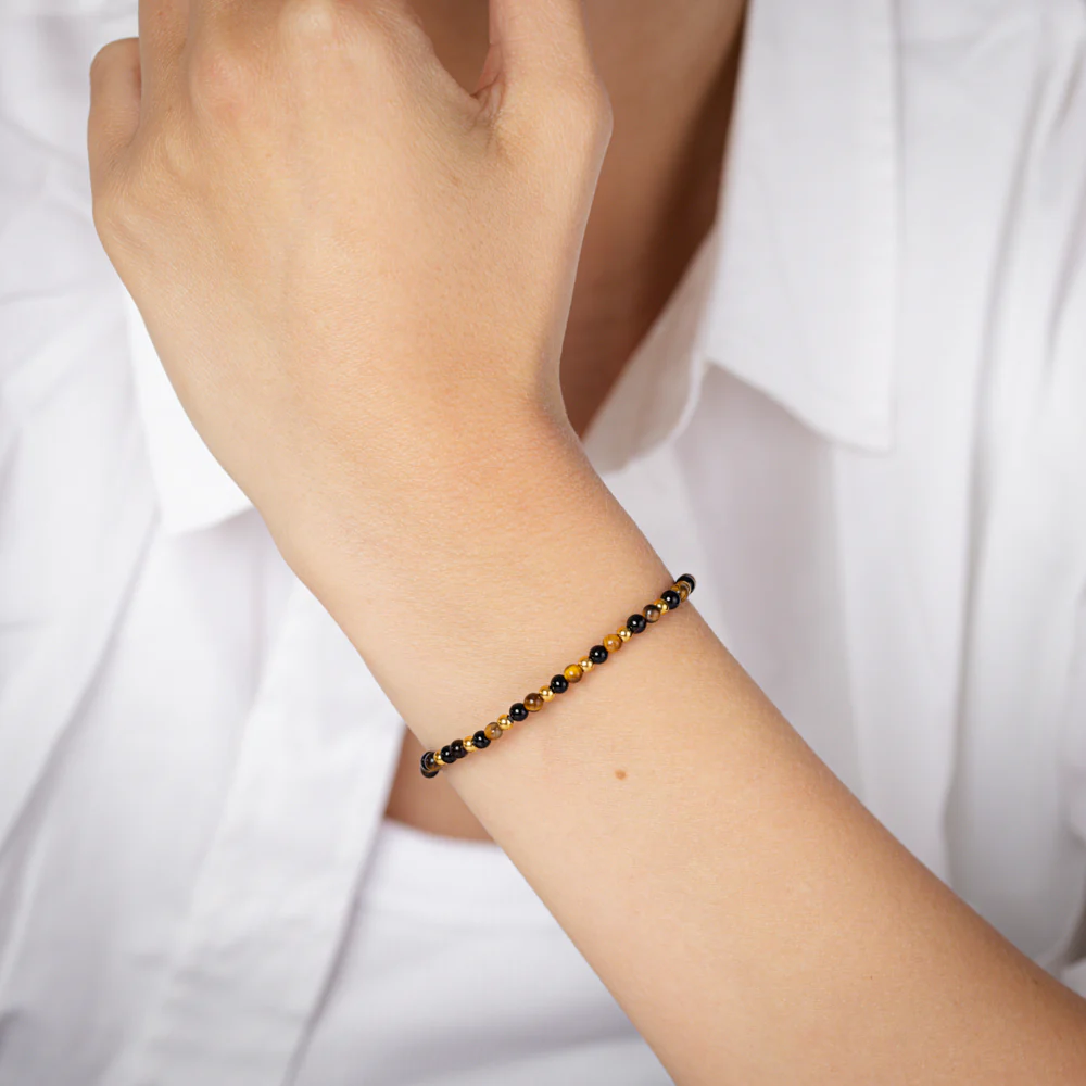 Stainless Steel Gold Plated Black Agate Tiger Eye 17.5cm Stretchable Bracelet - Image 3