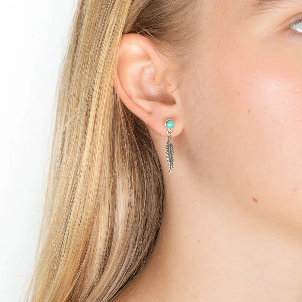 Sterling Silver Created Turquoise Dome & Feather Stud Earrings - Image 2