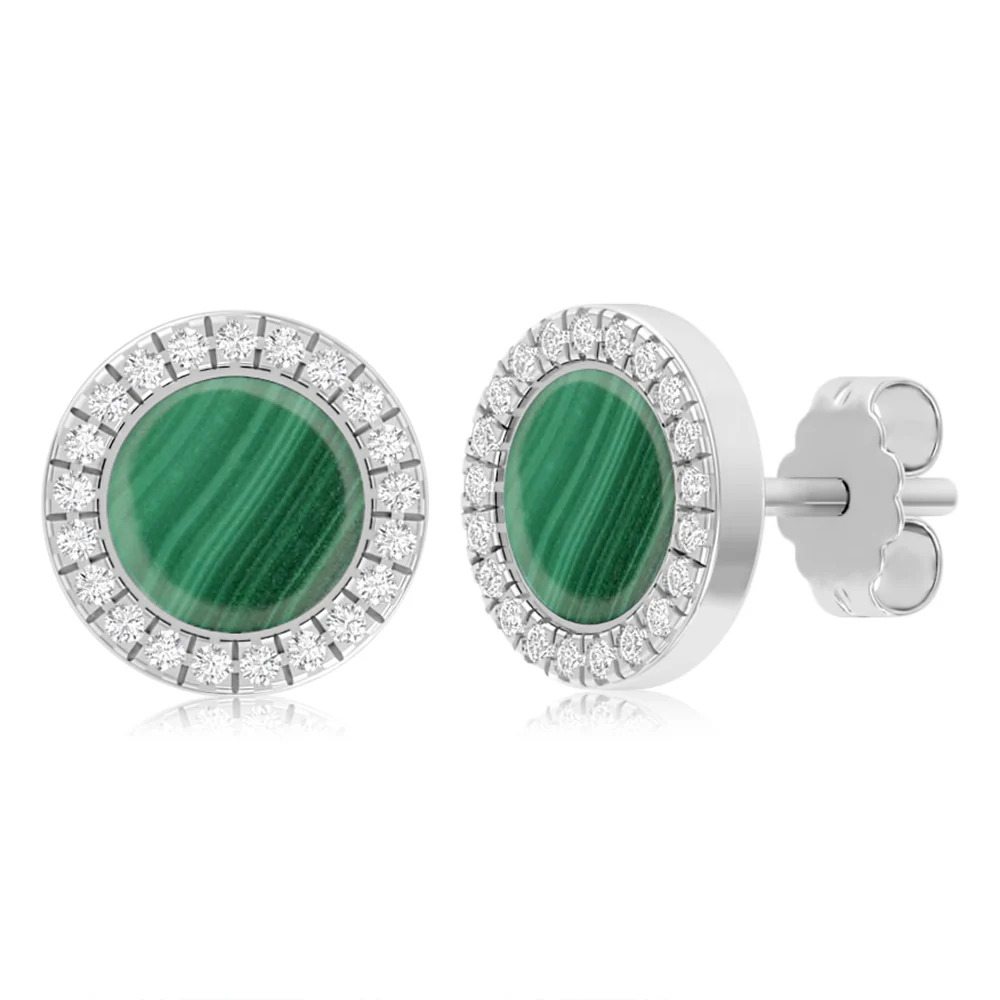 Sterling Silver Cubic Zirconia And Created Malachite Round Stud Earrings