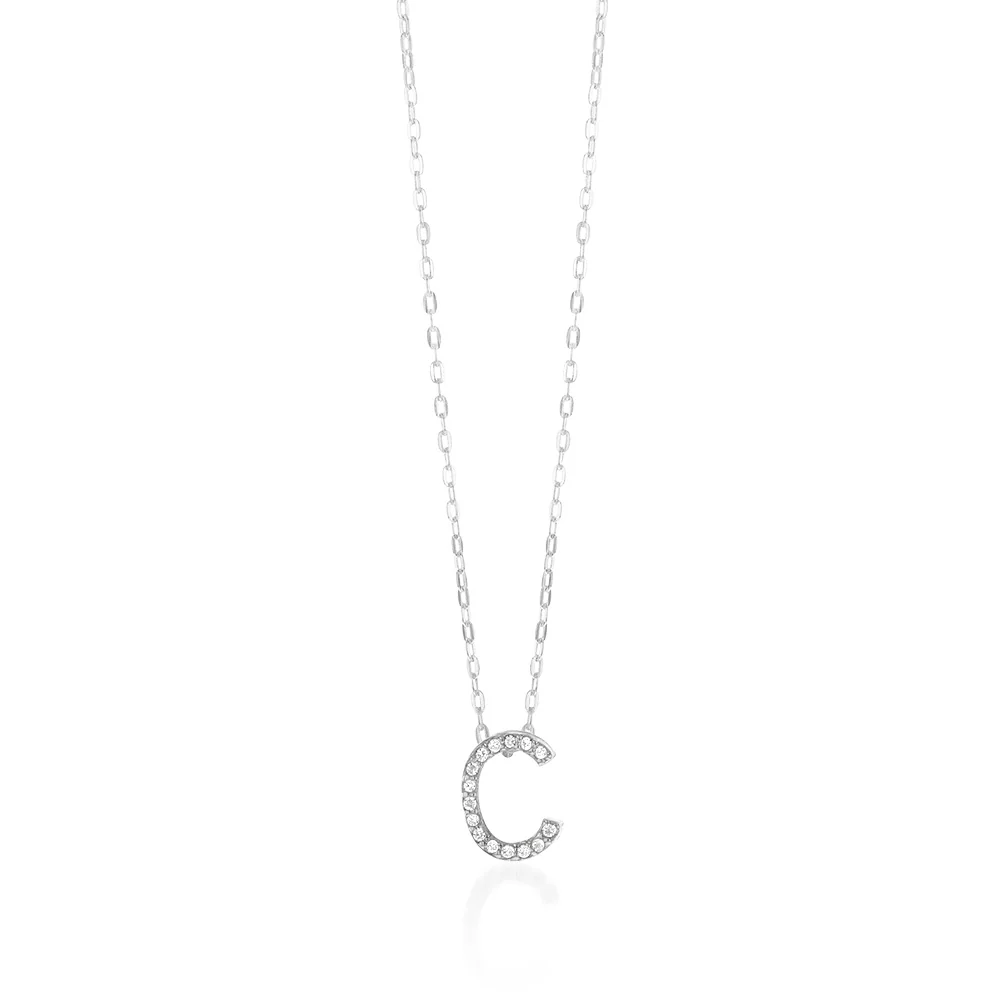 Sterling Silver Cubic Zirconia Initial "C" Pendant On 39+3cm Chain