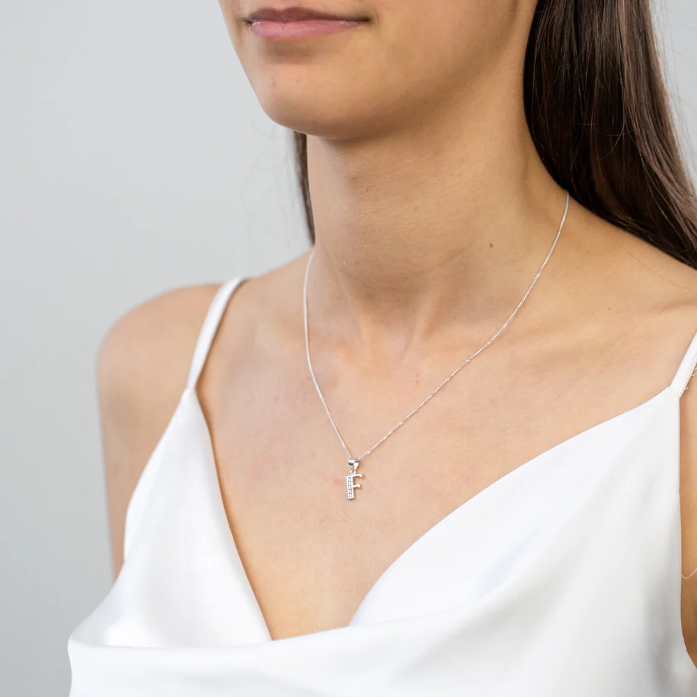 Sterling Silver Cubic Zirconia Initial "F" Pendant - Image 2