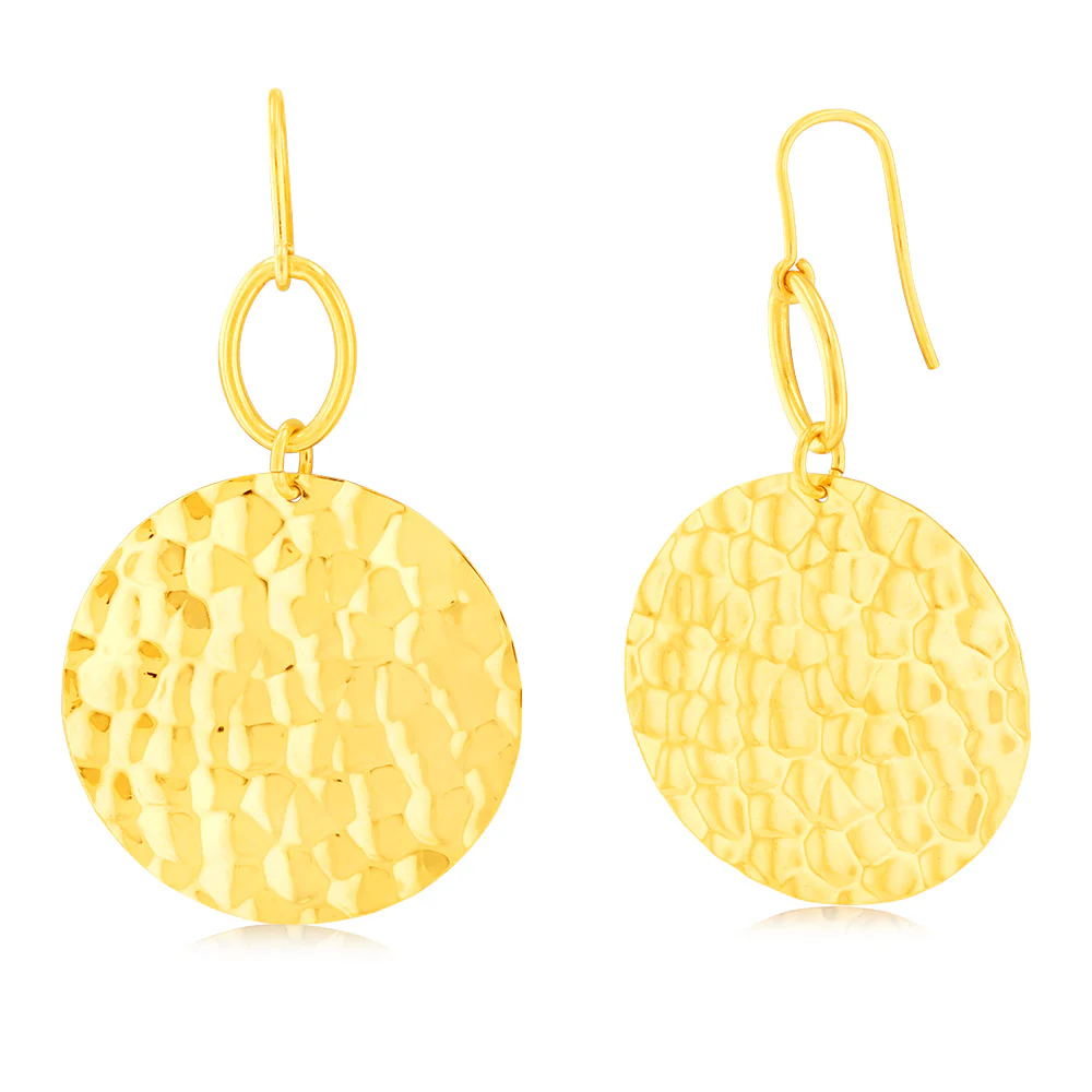 Sterling Silver Gold Plated Patterned Round Disc Hook Earrings