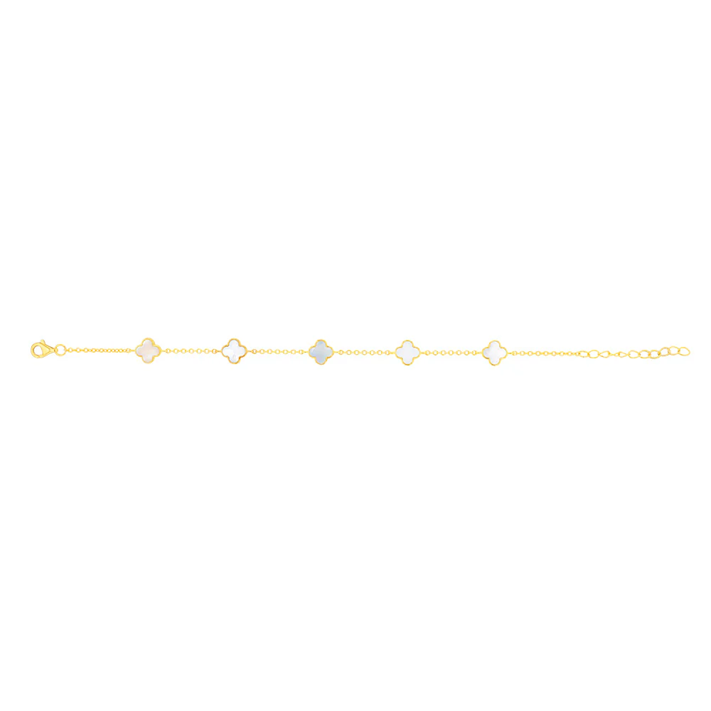 Sterling Silver Gold Plated White Shell Pearl Four Leaf Clover Charm Bracelet - Image 2