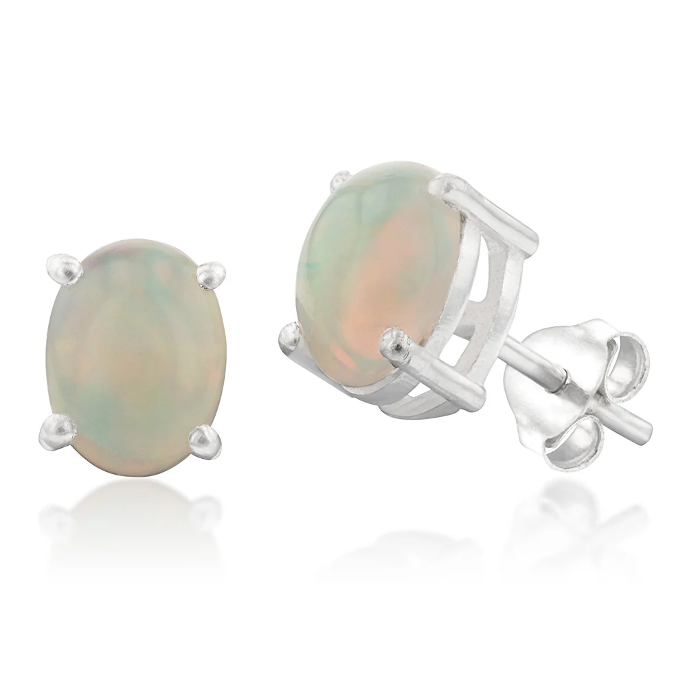 Sterling Silver Natural Solid Opal Oval Studs