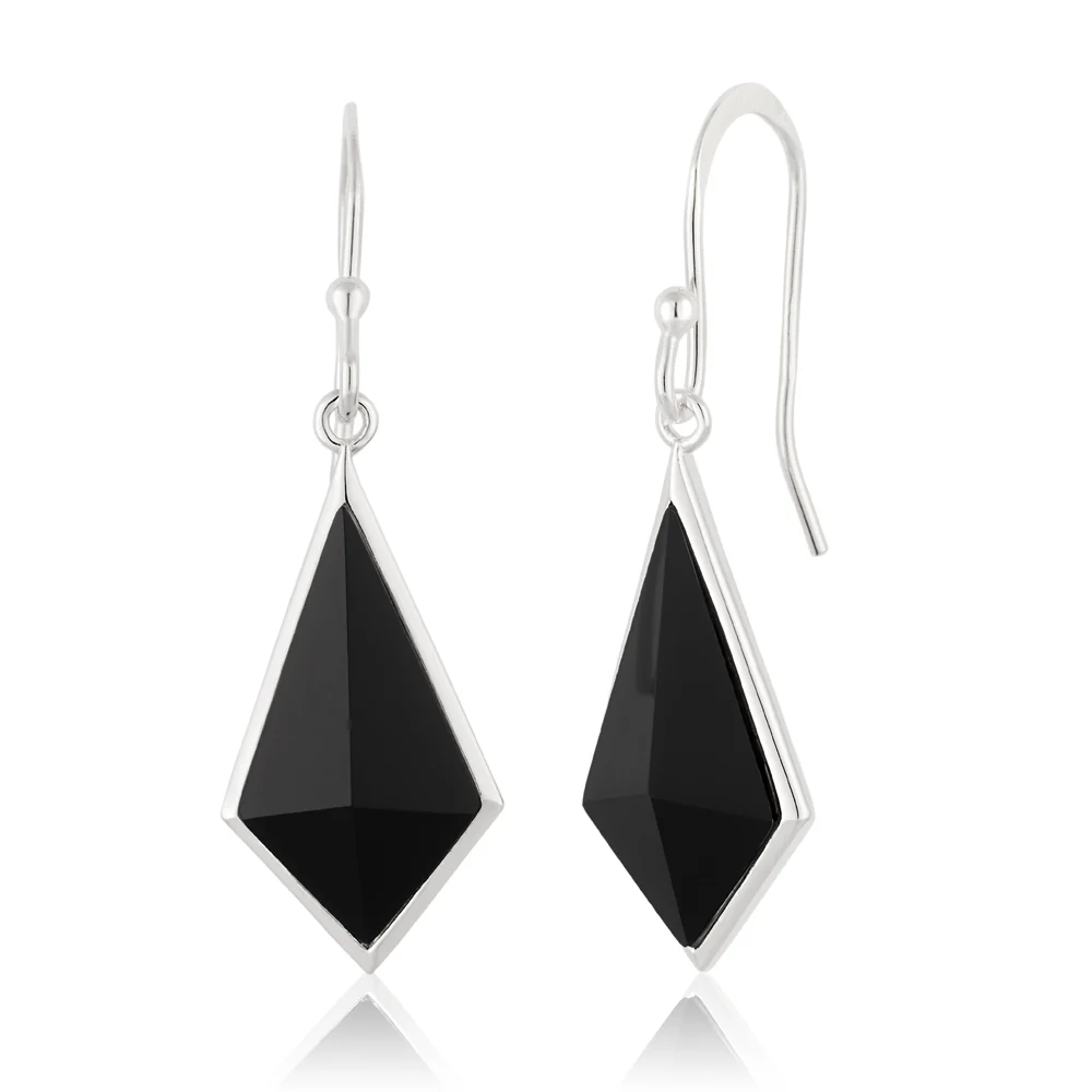 Sterling Silver Onyx Hook Drop Earrings
