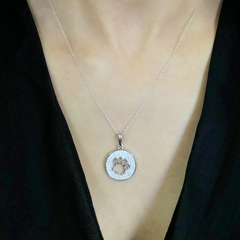 Sterling Silver Paw Print Zirconia Disc Pendant - Image 2