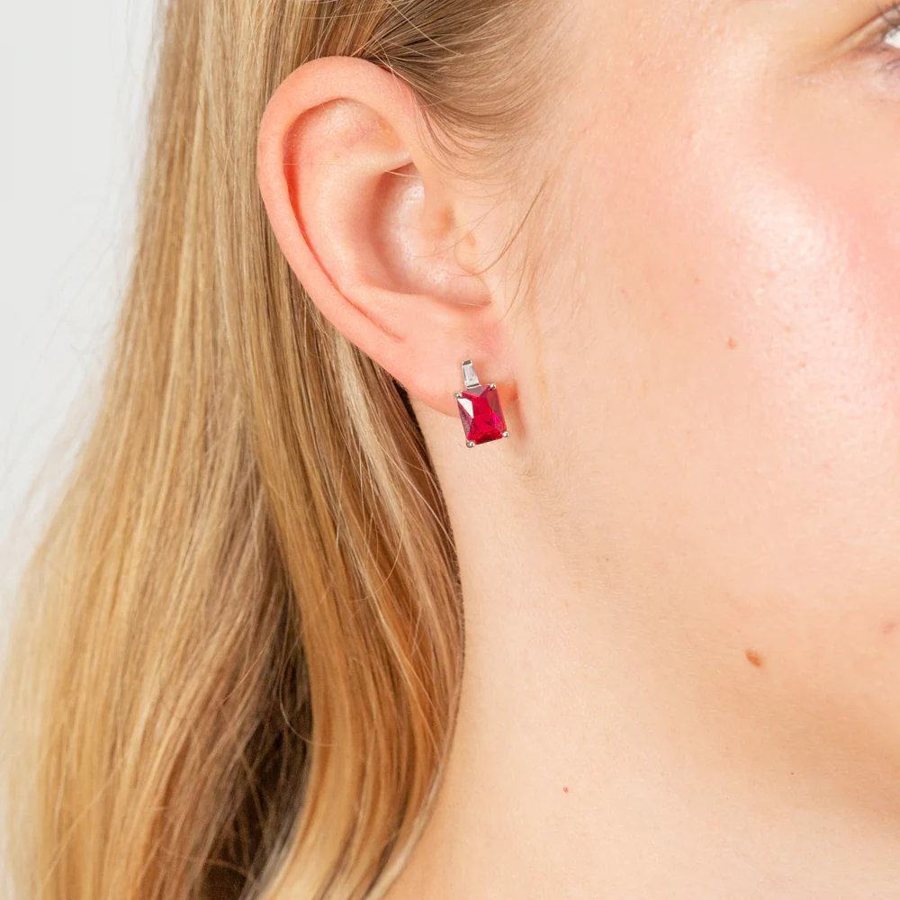 Sterling Silver Rhodium Plated Created Ruby And Cubic Zirconia Stud Earrings - Image 2