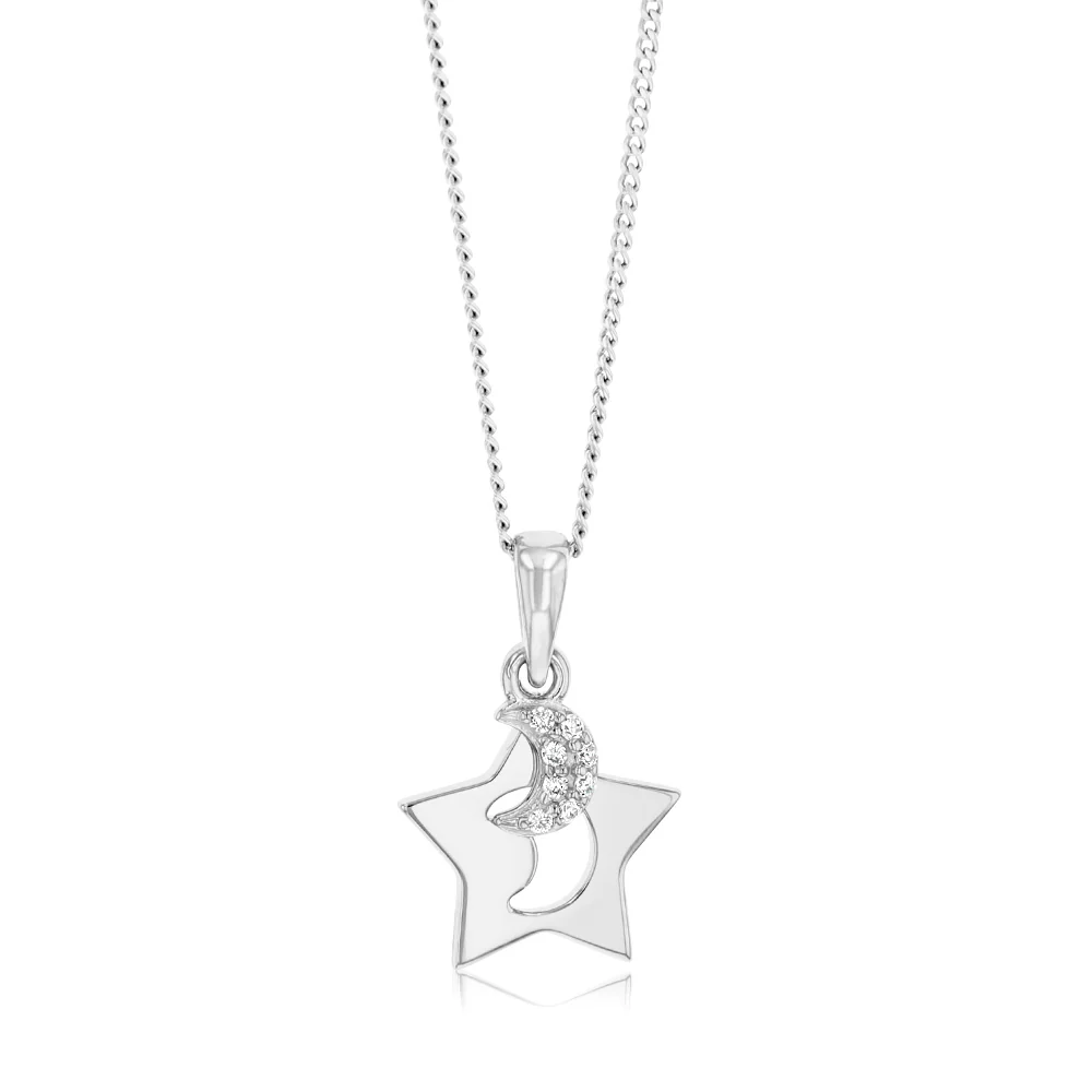 Sterling Silver Rhodium Plated Cubic Zirconia Moon And Star Pendant