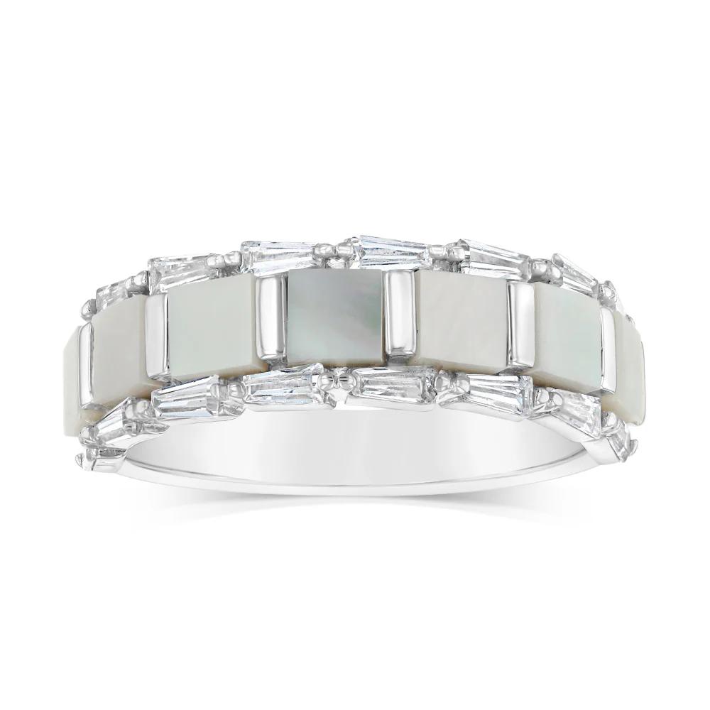 Sterling Silver Rhodium Plated White Shell Pearl Fancy Ring